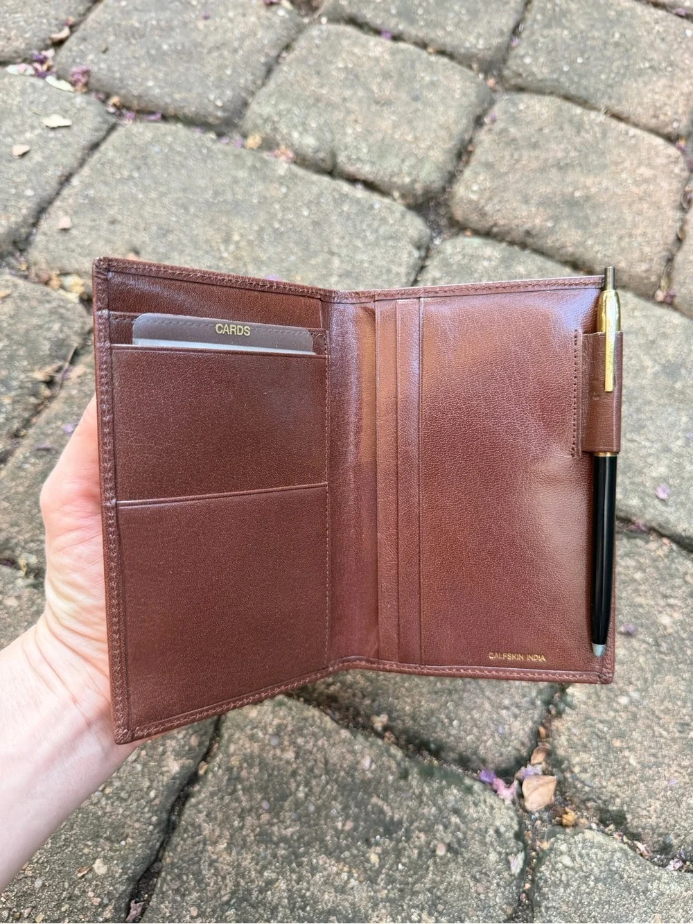 Vintage Genuine Calfskin Leather Checkbook Wallet Cover Brown w/ Pen